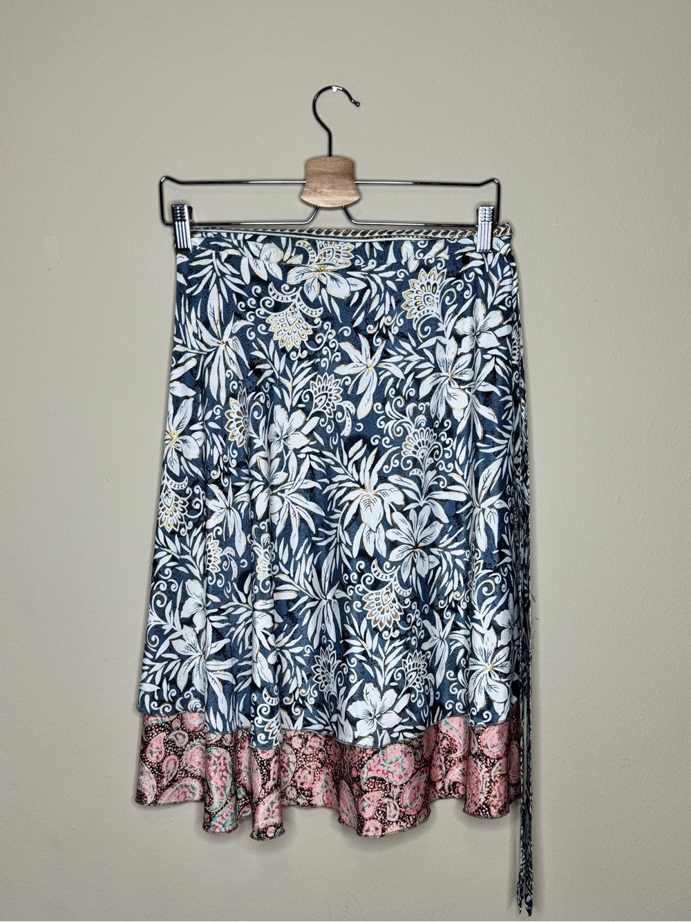 EARTHBOUND Navy Floral A-Line Wrap Skirt with Pink Hem